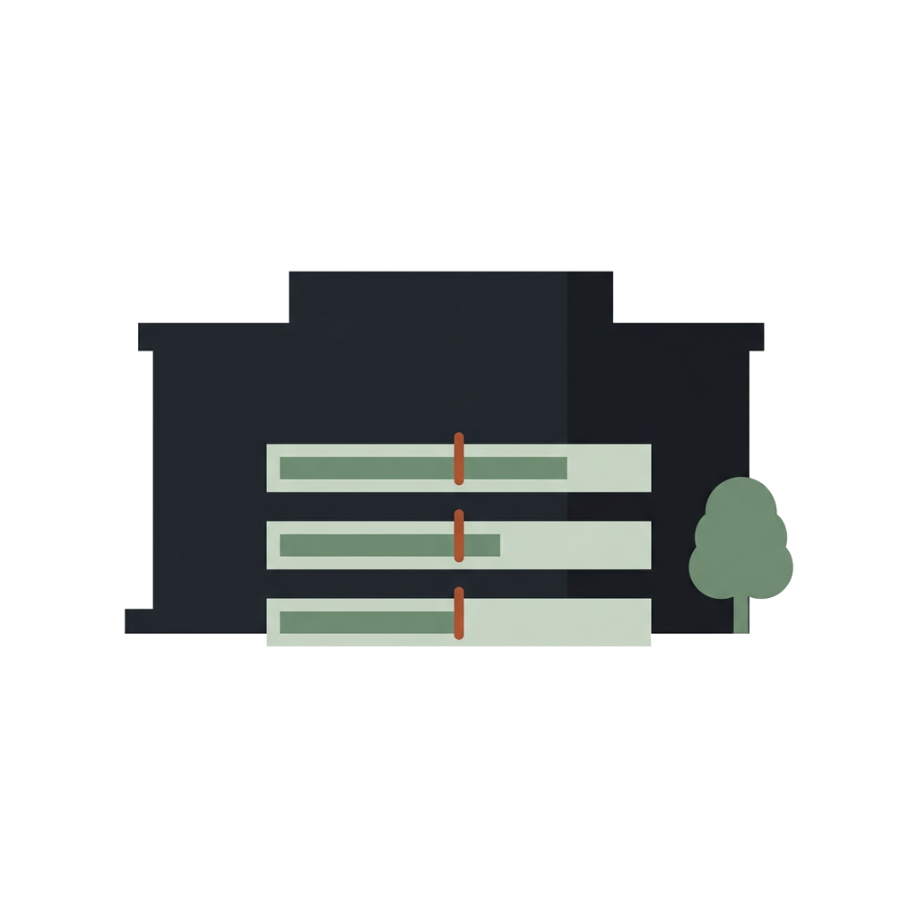 A dark commercial building with three range bars